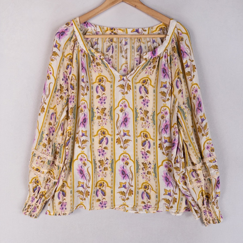 Jane + Delancey Blouse Top Sz Large Cream Floral Boho Lace Trim Smocked Peasant